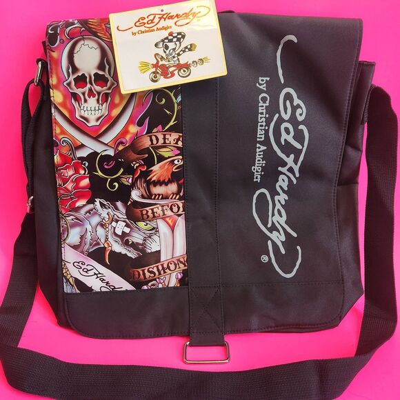 NEW Y2K Ed Hardy Christian Audigier Messenger Crossbody Bag Black Skulls VINTAGE - Picture 4 of 16